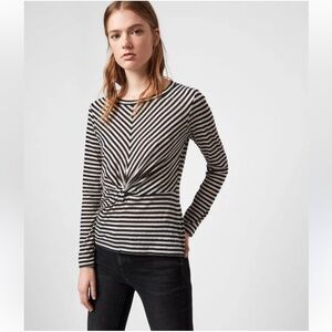 AllSaints Jess Twist Knot‎ Front Striped Burnout Long Sleeve Crew Neck Tee, L